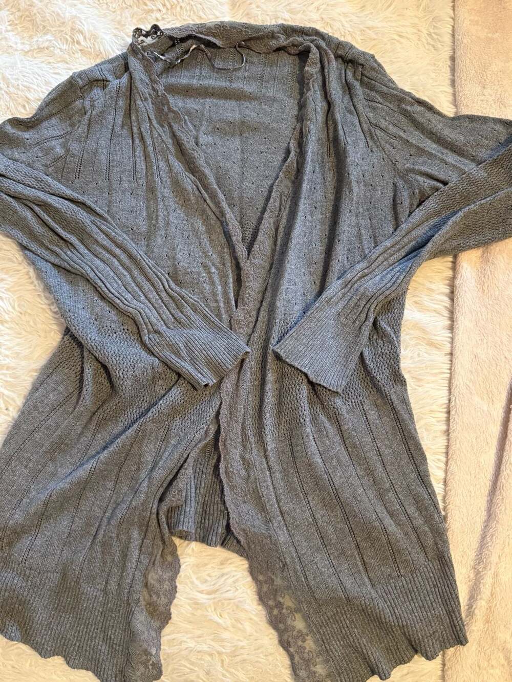Relativity Open Front Cardigan Size XL Gray Knit Lace Trim Sweater
